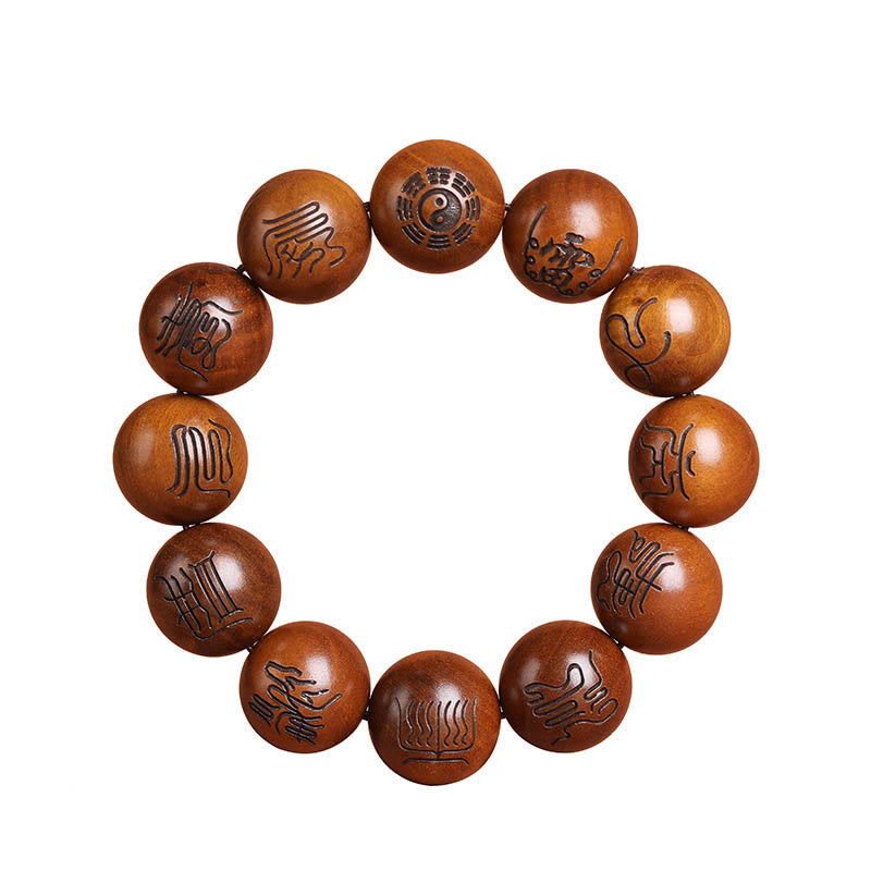 KarmaRipple's Lightning Struck Jujube Wood Yin Yang Bagua Taoist Taboo Scripture Symbol Engraved Fortune Bracelet p12