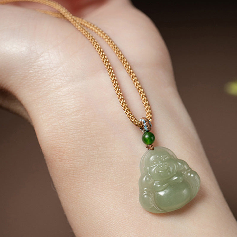 KarmaRipple's Laughing Buddha Jade Lotus Prosperity String Pendant Necklace p5