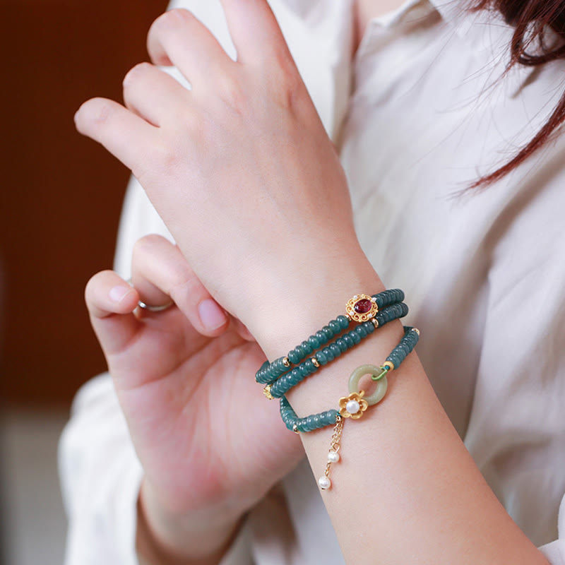 KarmaRipple's 925 Sterling Silver Gold Plated Cyan Jade Flower Peace Buckle Success Triple Wrap Bracelet p5