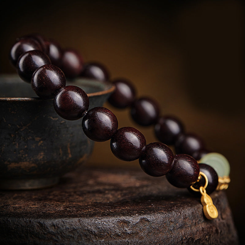 KarmaRipple's Small Leaf Red Sandalwood Gourd Jade Calm Relaxation Bracelet p18