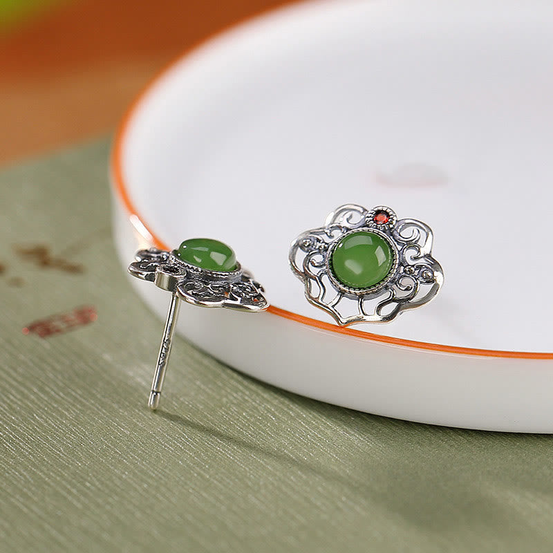 KarmaRipple's 925 Sterling Silver Authentic Hetian Cyan Jade Hollow Design Fortune Ring Earrings Set p18