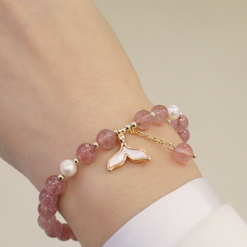 KarmaRipple's Strawberry Quartz Pearl Elk Smiley Face Fishtail Fu Character Talisman Balancing Bracelet p10