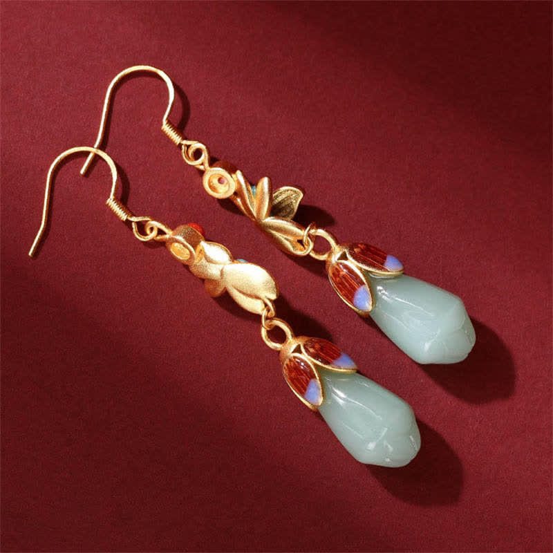 KarmaRipple's Magnolia Flower Jade Pattern Fortune Prosperity Drop Dangle Earrings p4