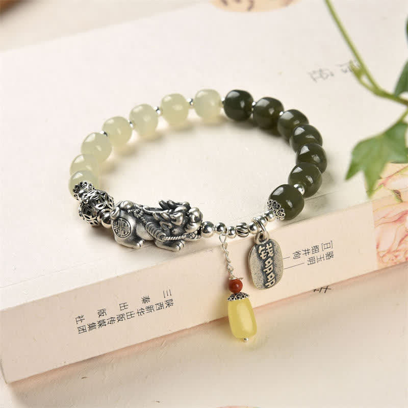 KarmaRipple's 925 Sterling Silver Authentic Hetian Jade Amber PiXiu Fortune Bracelet p1