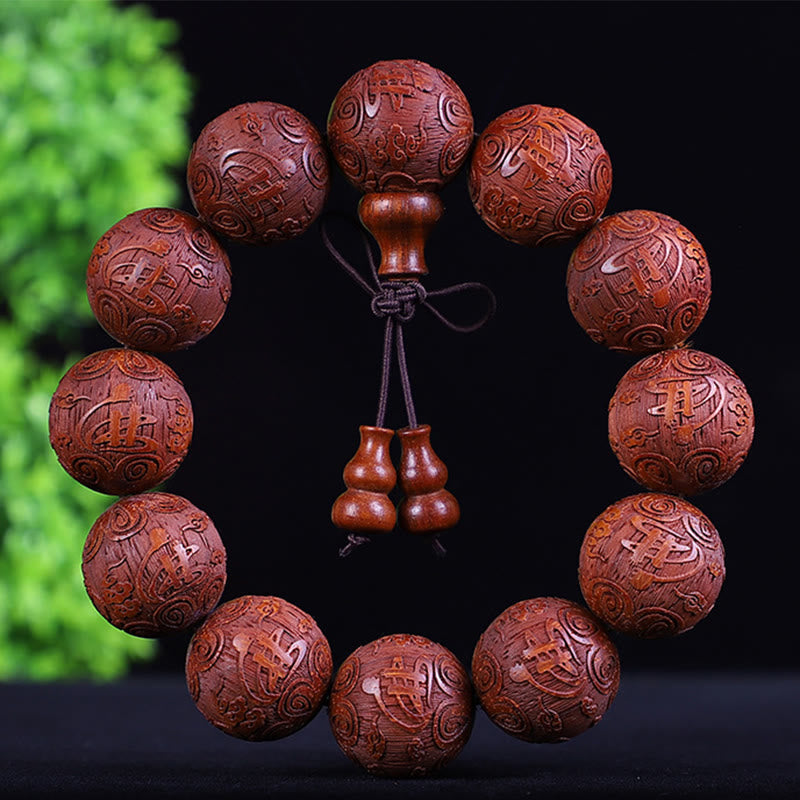 KarmaRipple's Chinese Zodiac Rosewood Ebony Boxwood Bronze Coin PiXiu Carved Warmth Bracelet p55