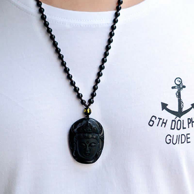 KarmaRipple's Authentic Black Obsidian Kwan Yin Avalokitesvara Strength String Pendant Necklace p4