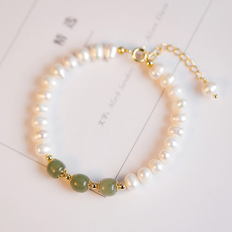 KarmaRipple's 14K Gold Plated Authentic Pearl Hetian Cyan Jade Ivory Jade Sincerity Bead Chain Bracelet p1