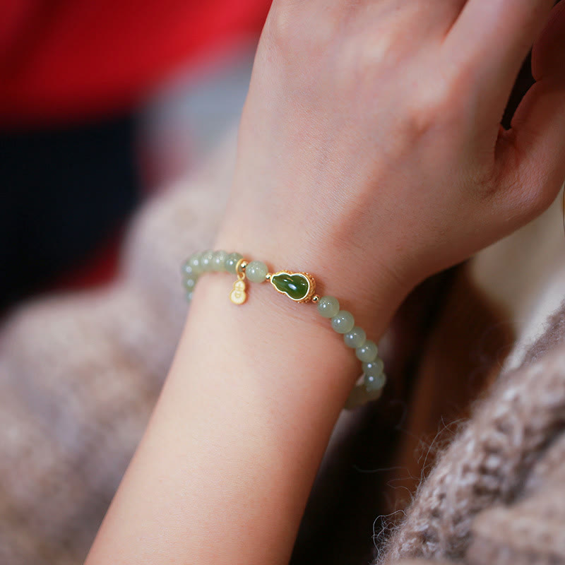 KarmaRipple's 925 Sterling Silver Plated Gold Authentic Hetian Jade Bead Gourd Lotus Bamboo Fu Character Fortune Bracelet p21