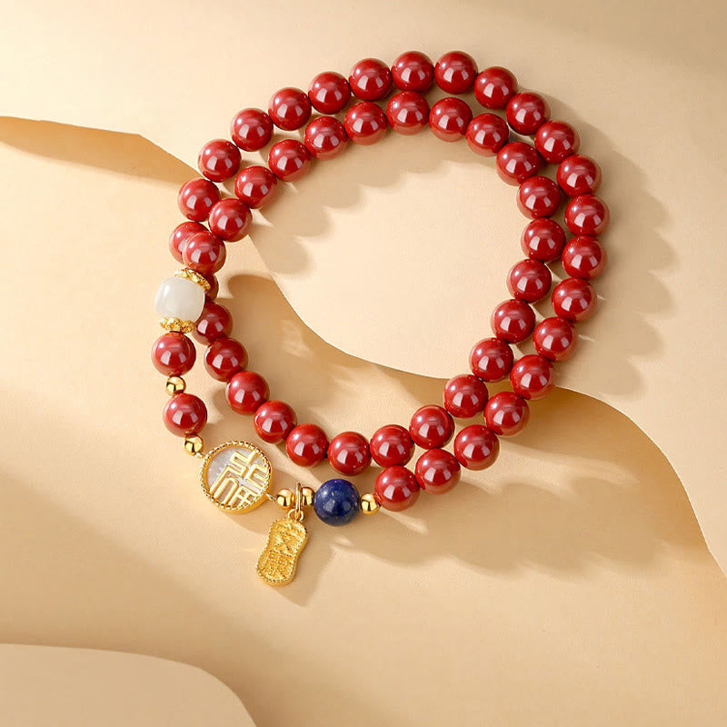 KarmaRipple's 925 Sterling Silver Cinnabar Tridacna Stone Fu Character Double Wrap Blessing Bracelet p2