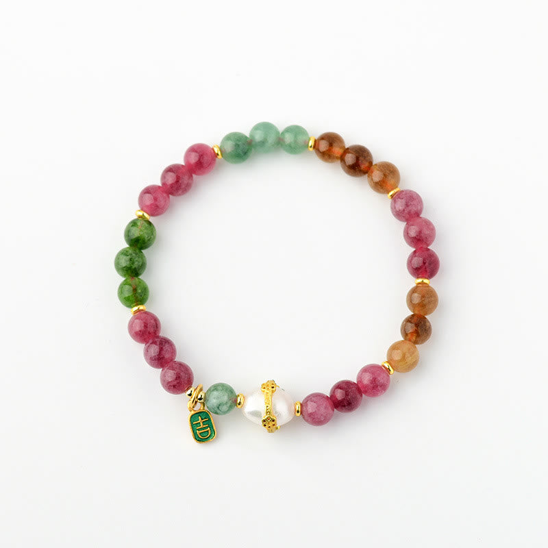 KarmaRipple's Authentic Multicolored Tourmaline Pearl Auspicious Character Talisman Wisdom Bracelet p7