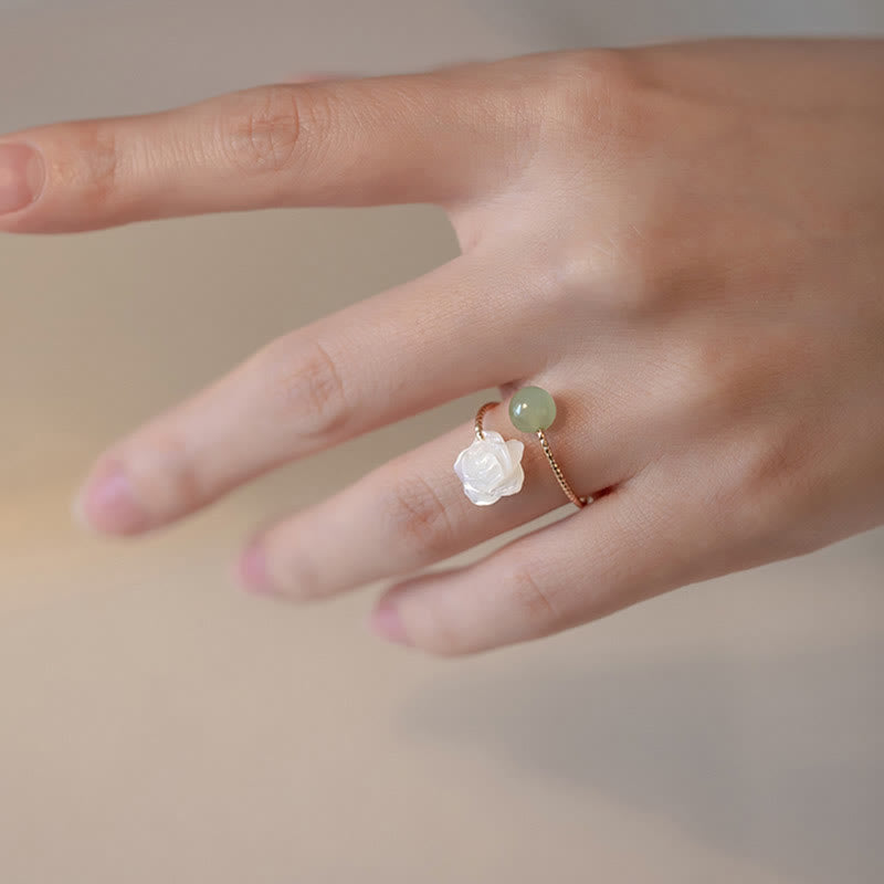 KarmaRipple's 14K Gold Plated Tridacna Stone'se Flower Jade Bead Blessing Ring p6