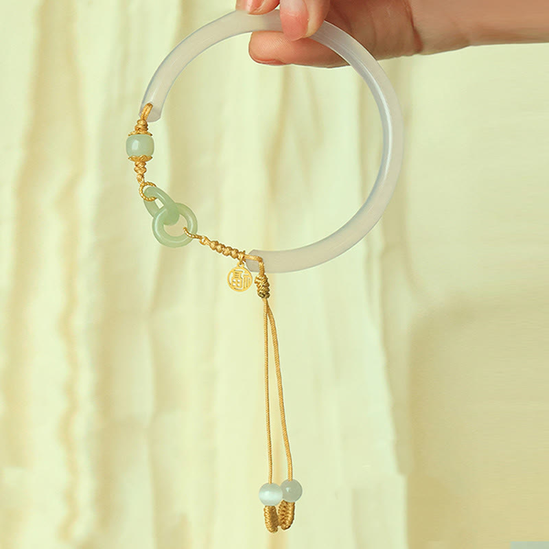 KarmaRipple's 925 Sterling Silver Authentic Ivory Agate Hetian Jade Double Peace Buckle Fu Character Bracelet Bangle p6