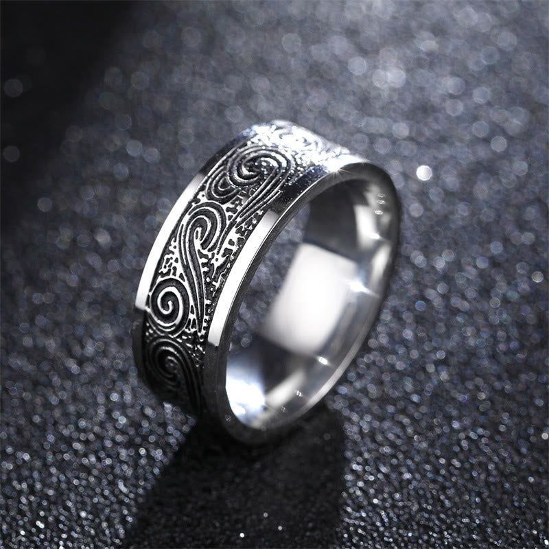 KarmaRipple's Vintage Wave Auspicious Clouds Engraved Pattern Titanium Steel Balance Ring p1