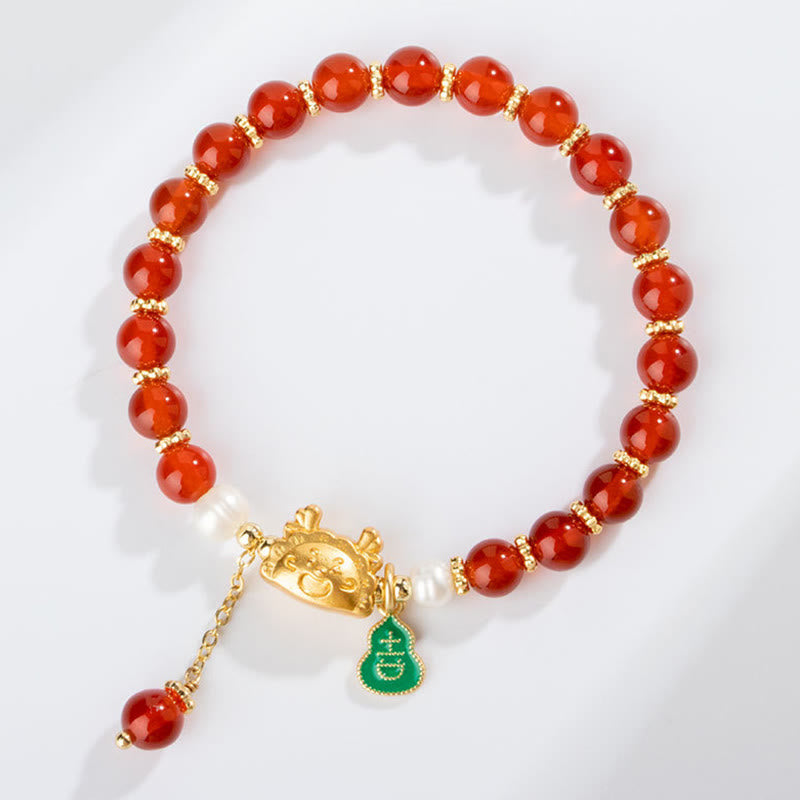 KarmaRipple's Year Of The Dragon Authentic Red Agate Pink Gemstone Black Onyx Dumpling Fortune Fu Character Bracelet p7