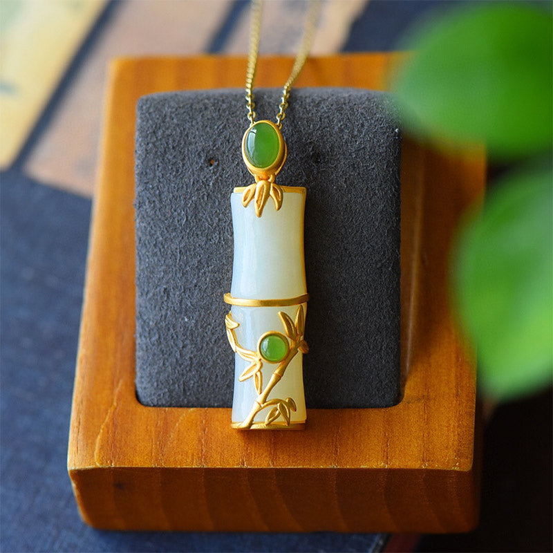KarmaRipple's Ivory Jade Cyan Jade Bamboo Protection Pendant Necklace p1