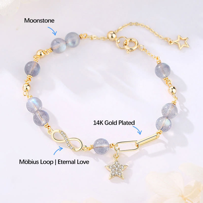 KarmaRipple's 14K Gold Plated Authentic Strawberry Quartz Moonstone M?bius Loop Eternal Love Star Positive Bracelet p8