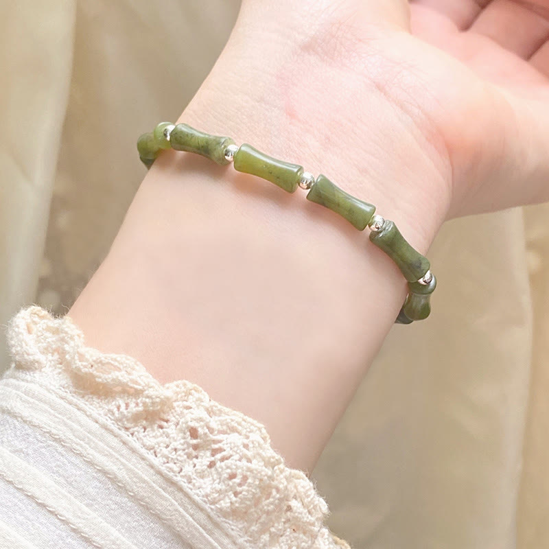 KarmaRipple's 925 Sterling Silver Bamboo Jade Fortunate Cat Fu Character Fortune Abundance Bracelet p7