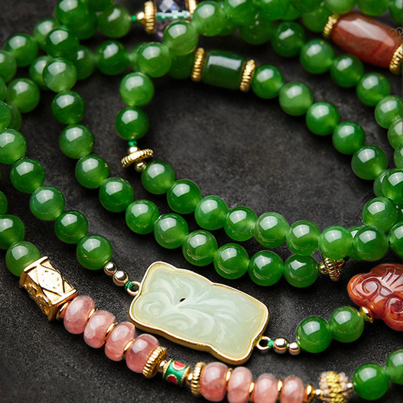 KarmaRipple's 108 Mala Beadwork Cyan Jade Red Agate Laughing Buddha Fortune Bracelet p13