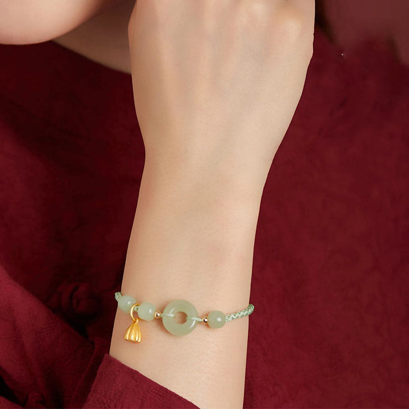 KarmaRipple's Round Peace Buckle Jade Lotus Happiness Abundance Wealth String Bracelet p19