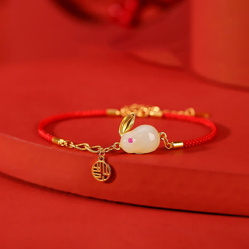 KarmaRipple's 925 Sterling Silver Year of the Rabbit Hetian Ivory Jade Fortune Blessing Red String Bracelet p1