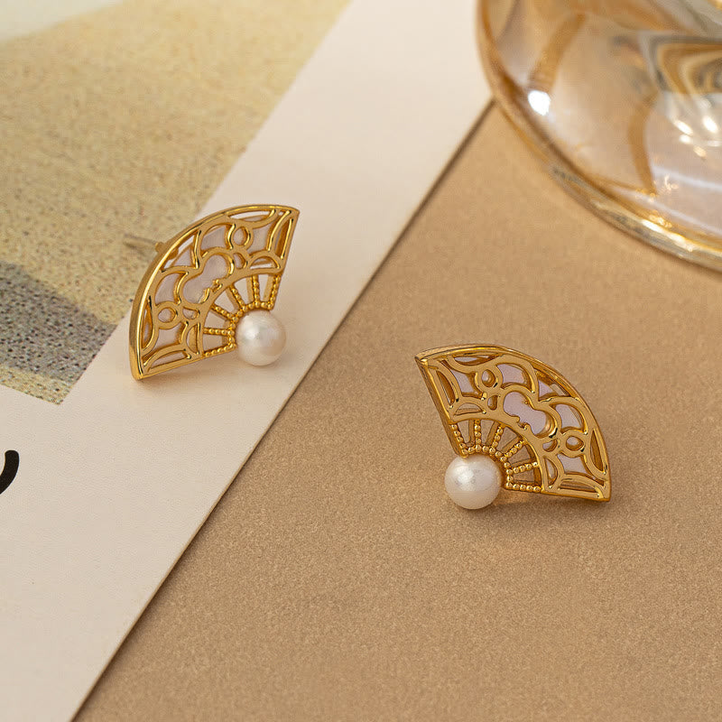 KarmaRipple's 925 Sterling Silver Posts Fan Pattern Pearl Bronze Wisdom Stud Drop Earrings p2
