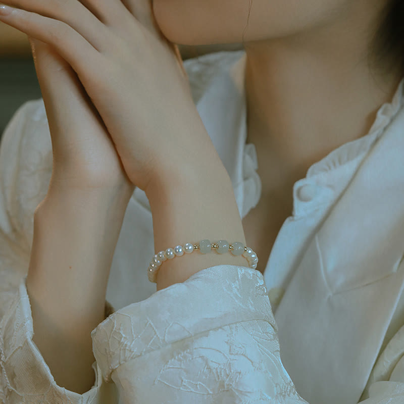 KarmaRipple's 14K Gold Plated Authentic Pearl Hetian Cyan Jade Ivory Jade Sincerity Bead Chain Bracelet p23