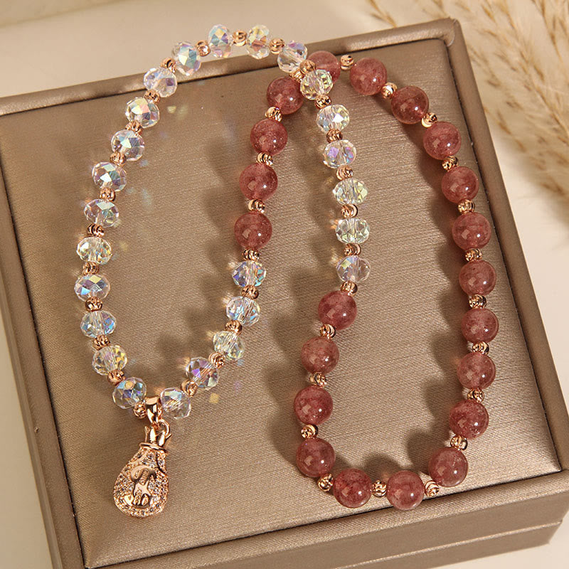 KarmaRipple's Strawberry Quartz Ivory Gemstone Money Bag Talisman Positive Bracelet p12