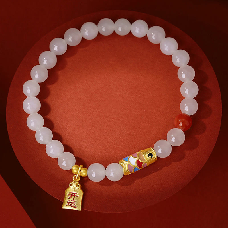 KarmaRipple's 925 Sterling Silver Hetian Ivory Jade Red Agate Koi Fish Fortune Happiness Bracelet p7
