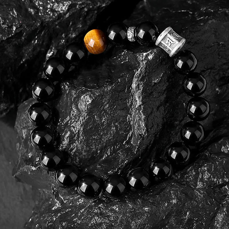 KarmaRipple's 999 Sterling Silver Black Obsidian Tiger Eye Om Mani Padme Hum Fulfillment Bracelet p3