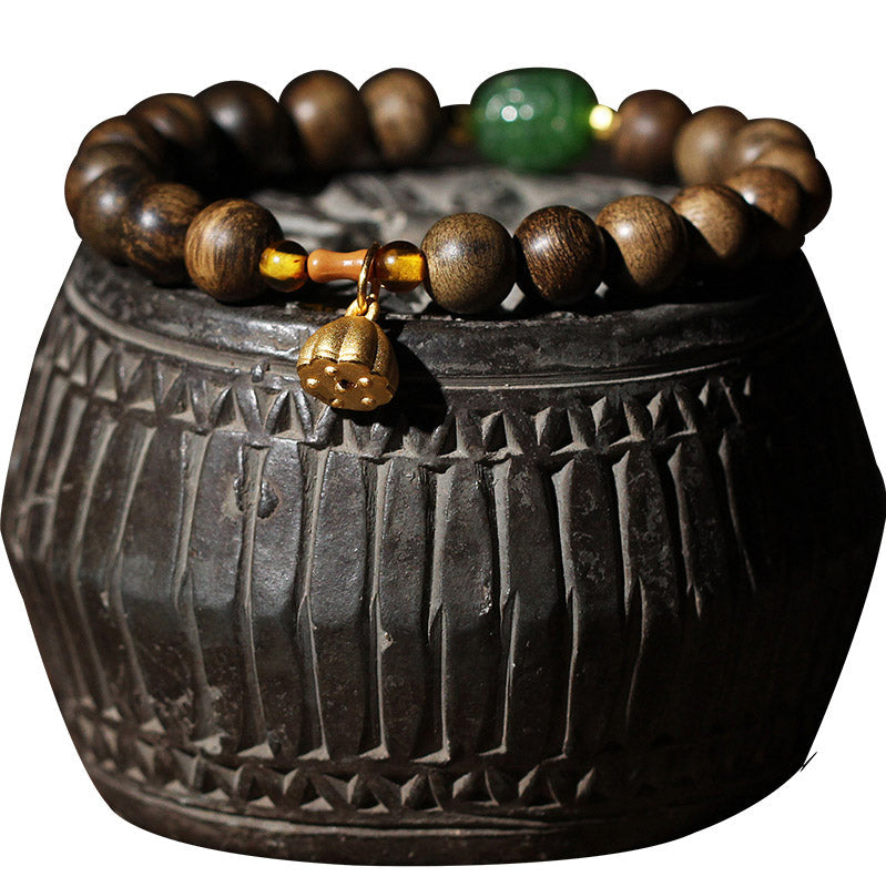 KarmaRipple's 999 Gold Brunei Agarwood Cyan Jade Lotus Flower Peace Strength Bracelet p23