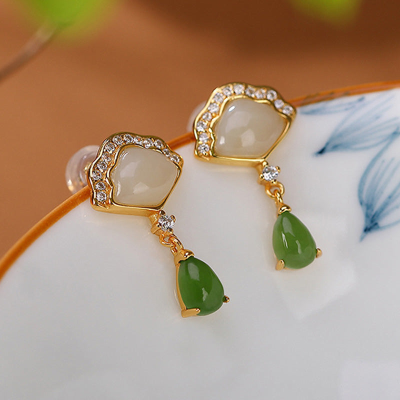 KarmaRipple's Ivory Jade Cyan Jade Fan Water Drop Pattern Fortune Drop Earrings p4