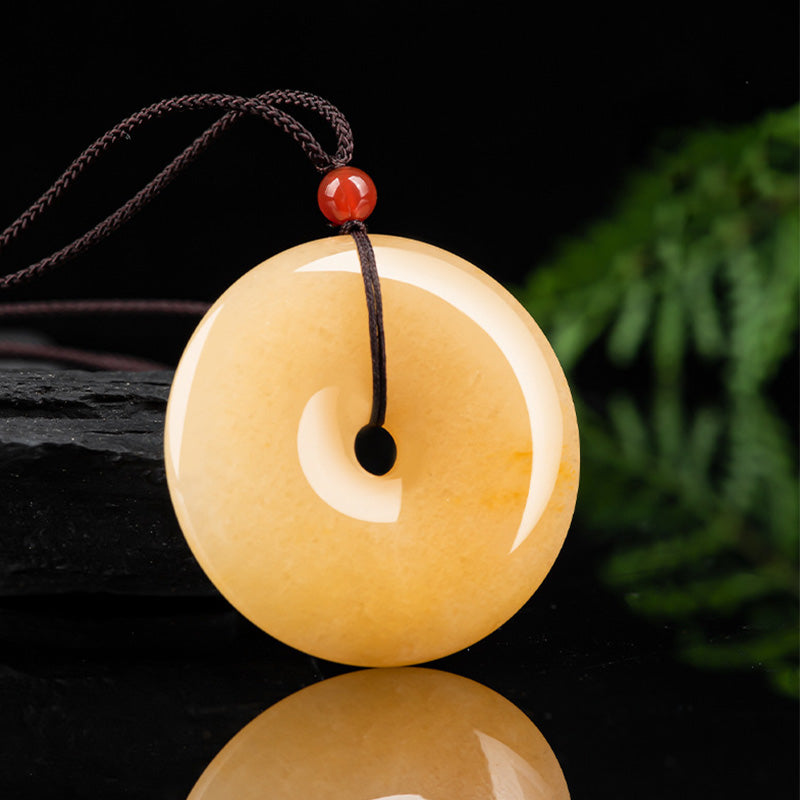 KarmaRipple's Round Golden Silk Jade Peace Buckle Wealth Necklace Pendant p2
