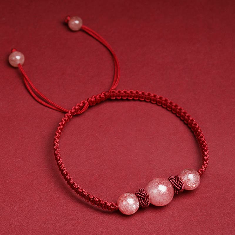 KarmaRipple's Authentic Strawberry Quartz Gemstone Love Red String Weave Bracelet Anklet ( p9