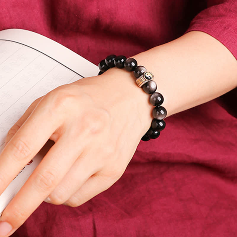 KarmaRipple's 925 Sterling Silver Black Obsidian Gold Sheen Obsidian Silver Sheen Obsidian Yin Yang Protection Bracelet p13