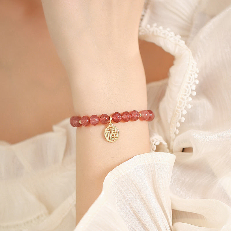 KarmaRipple's 14K Gold Plated Strawberry Quartz Fu Character Balancing Talisman Bracelet p9