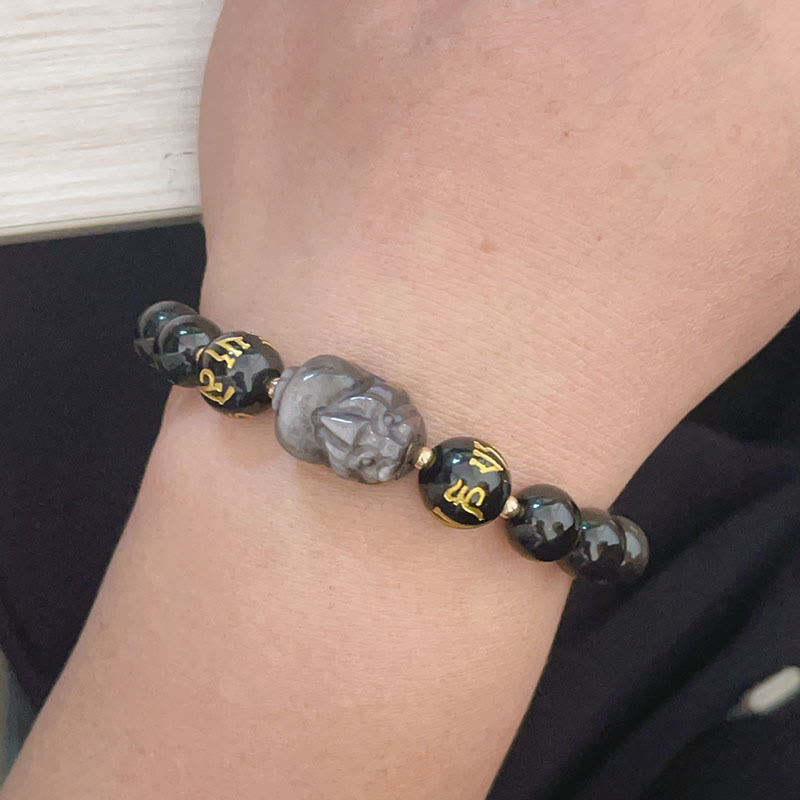 KarmaRipple's Authentic Silver Sheen Obsidian Black Obsidian Om Mani Padme Hum Pixiu Protection Bracelet p4