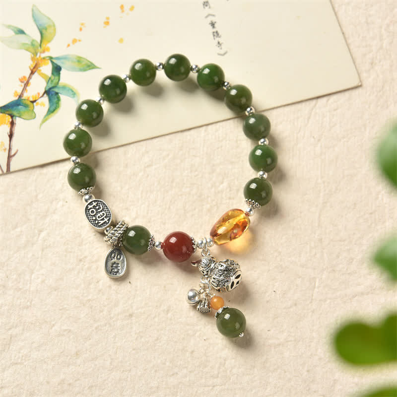 KarmaRipple's 925 Sterling Silver Hetian Cyan Jade Gourd Amber Success Bracelet p6