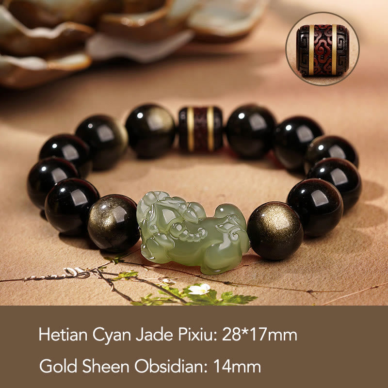 KarmaRipple's Authentic Gold Sheen Obsidian Hetian Cyan Jade Ivory Jade PiXiu Wealth Bracelet p15