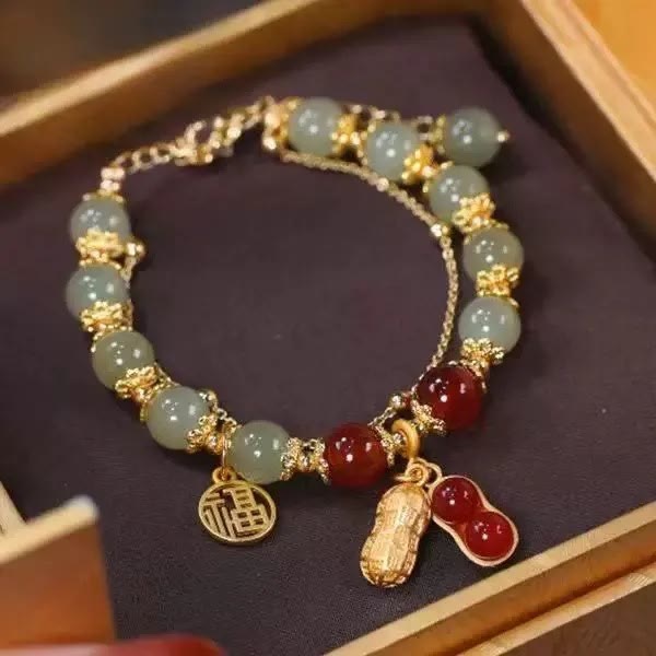 KarmaRipple's Jade Leaf Ginkgo Tulip Peanut Fu Character Fortune Beaded Bracelet p28
