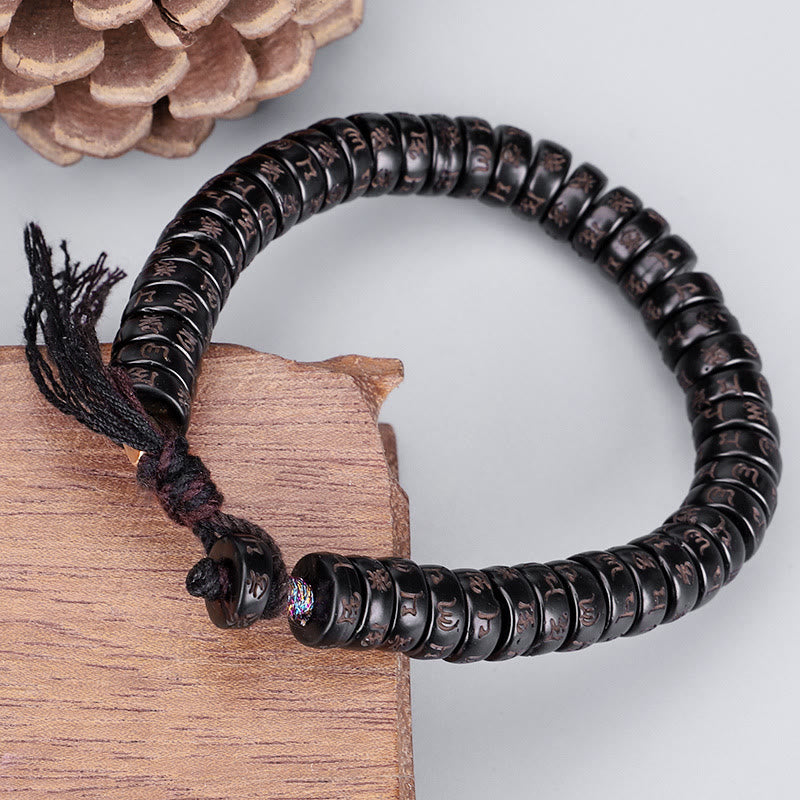 KarmaRipple's Tibetan Coconut Shell Beadwork Engraved Om Mani Padme Hum Mantra Positive String Bracelet p1