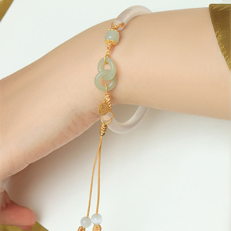 KarmaRipple's 925 Sterling Silver Authentic Ivory Agate Hetian Jade Double Peace Buckle Fu Character Bracelet Bangle p10
