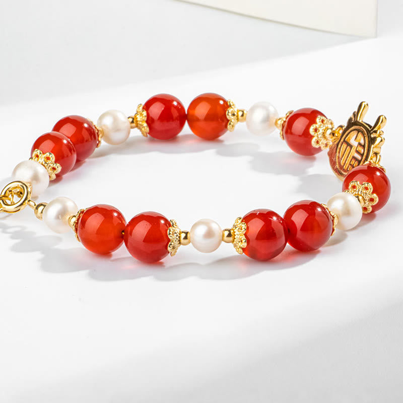 KarmaRipple's 14K Gold Plated Year Of The Dragon Authentic Red Agate Pearl Protection Fu Character Chain Bracelet ( p6