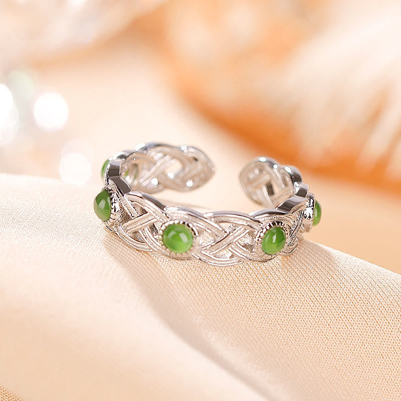 KarmaRipple's 925 Sterling Silver Plated Gold Cyan Jade Woven Design Success Fortune Adjustable Ring p7