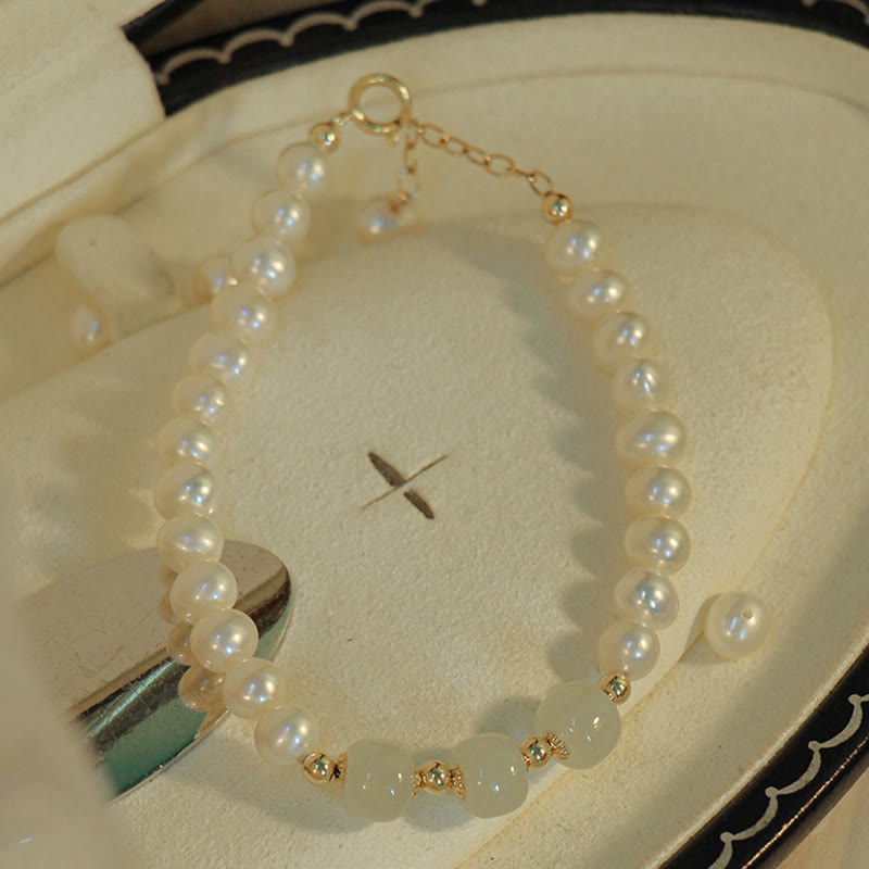 KarmaRipple's 14K Gold Plated Authentic Pearl Hetian Cyan Jade Ivory Jade Sincerity Bead Chain Bracelet p14