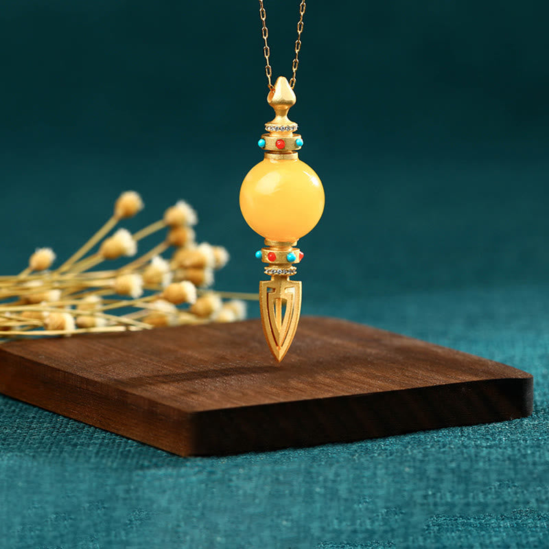 KarmaRipple's 24K Gold Plated Amber Dorje Vajra Clear Anxiety Pendant Necklace p3