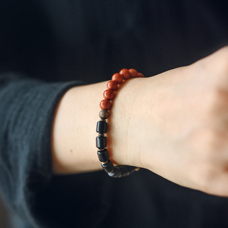 KarmaRipple's Ebony Wood Red Jasper Moss Agate Gemstone Bronze Peace Pair Bracelet p7