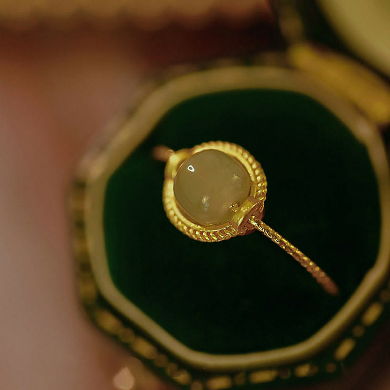 KarmaRipple's 14K Gold Plated Round Jade Fortune Prosperity Adjustable Ring p1