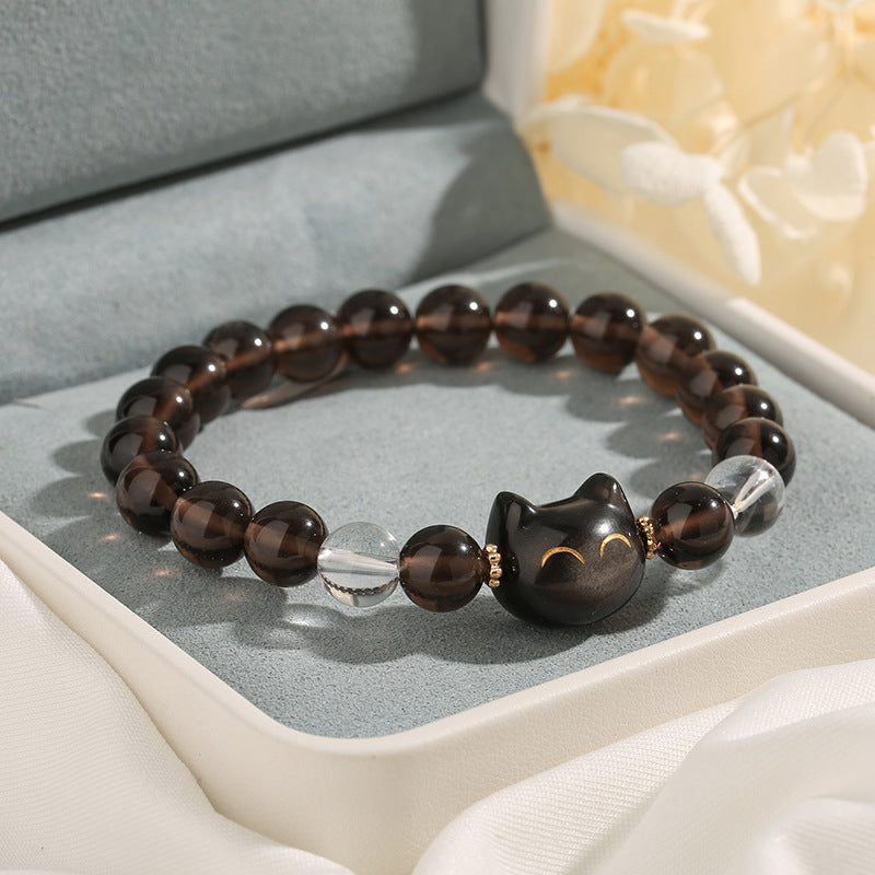 KarmaRipple's Authentic Ice Obsidian Silver Sheen Obsidian Cute Cat Positive Bracelet p1