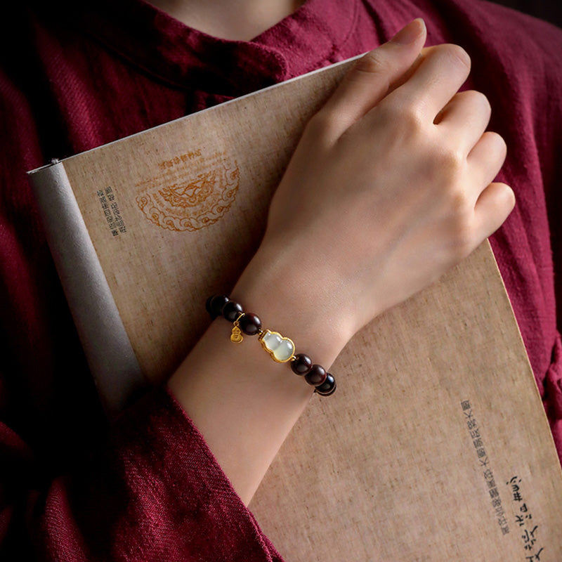 KarmaRipple's Small Leaf Red Sandalwood Gourd Jade Calm Relaxation Bracelet p7