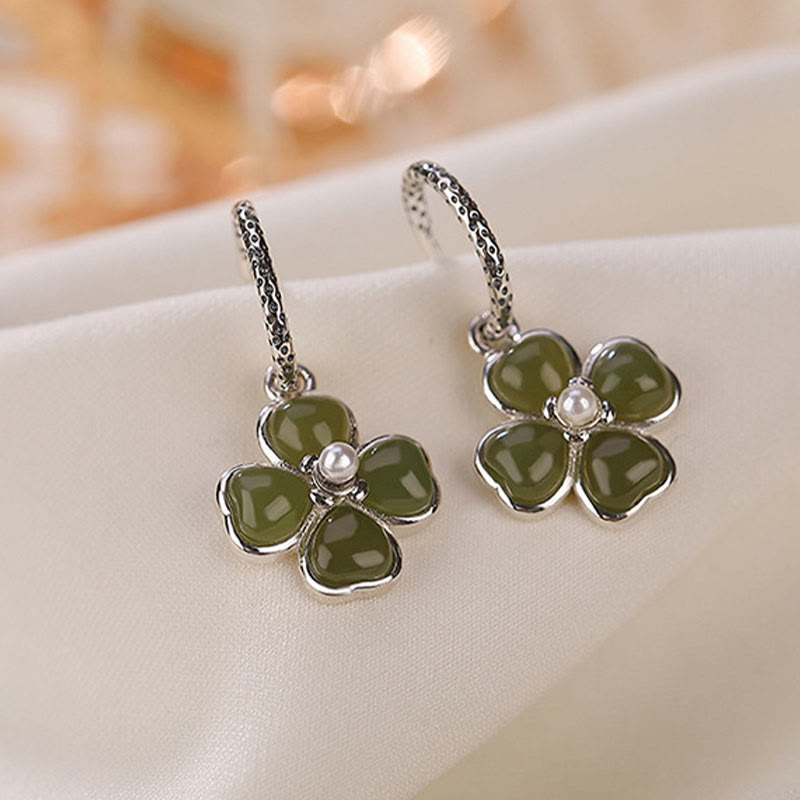 KarmaRipple's 925 Sterling Silver Authentic Cyan Jade Four Leaf Clover Fortune Success Earrings p10